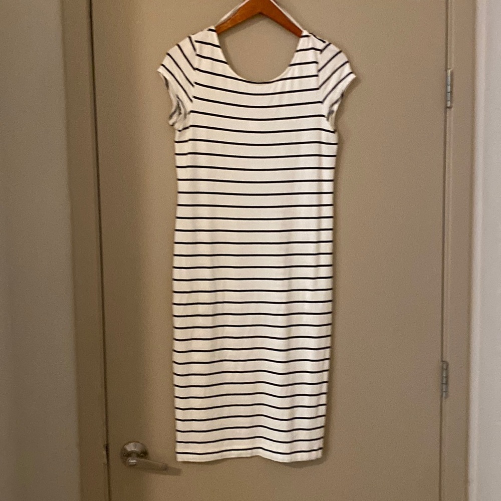 H&M Basic White Black Striped Bodycon Scoopback Midi Dress